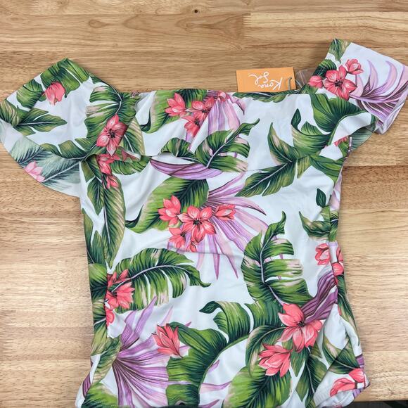 Kona Sol Women's White Floral Print Off Shoulder Swimsuit - Size Medium - NWT - Picture 3 of 9